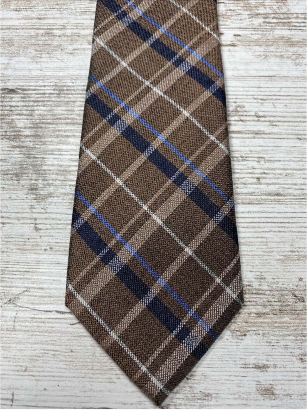 Roundtree & Yorke Trademark Slim Brown Plaid Silk Blend Tie Navy Blue 58x2.9